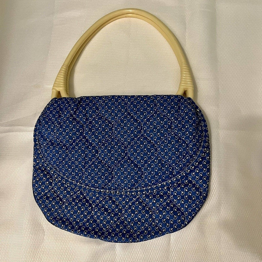Vintage 60’s-70’s BOHO Blue Beige Quilted Handbag Purse Lucite Top Handles